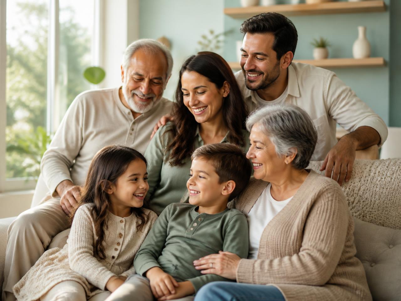 A multigenerational family sitting together in a sunlit living room